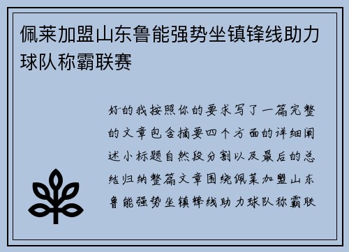 佩莱加盟山东鲁能强势坐镇锋线助力球队称霸联赛